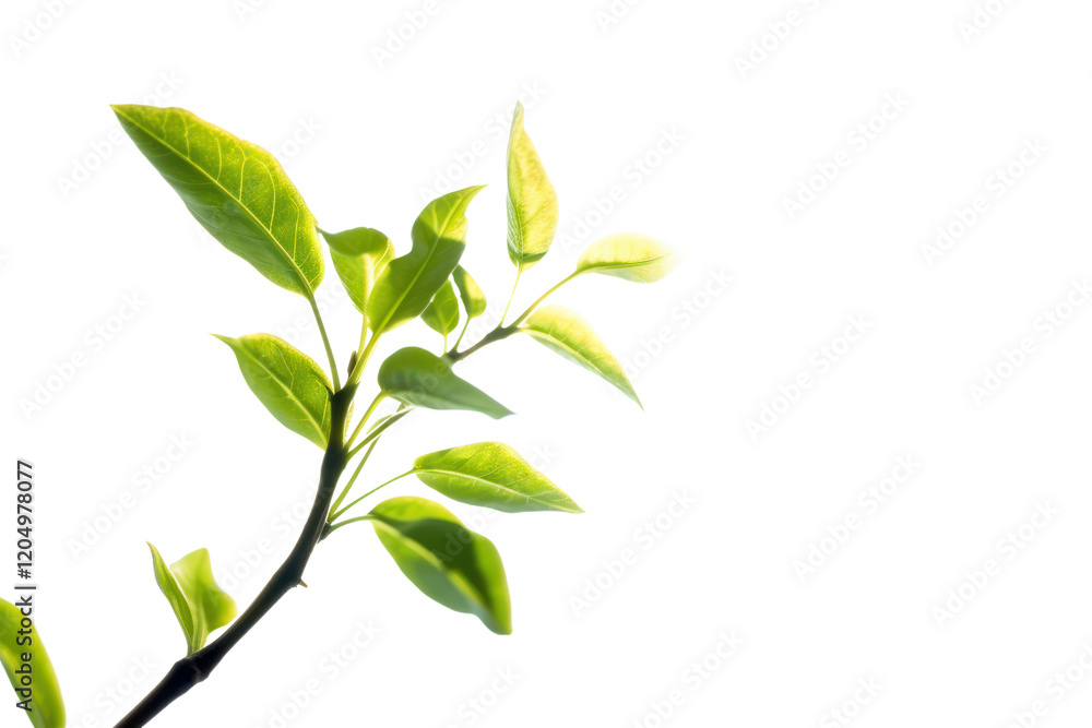 Fototapeta premium An upward view of a young sprout reaching for the sky, with soft sunlight illuminating its leaves. The sprout represents the resilience of nature.