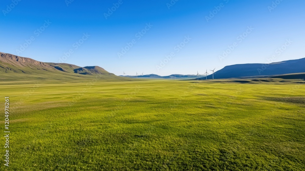Obraz premium A vast green landscape under a clear blue sky, featuring rolling hills and distant mountains.