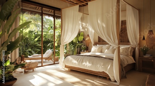 A bedroom with a canopy bed and a window