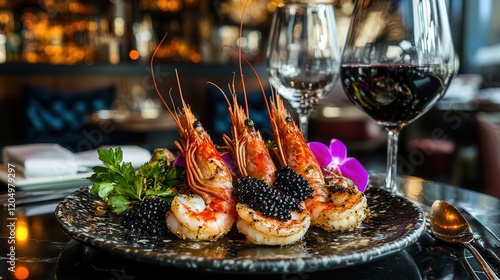 Butterpoached Spot Prawns Elegance Gourmet Restaurant Culinary Delight Luxurious Setting Close-up Seafood Perfection photo