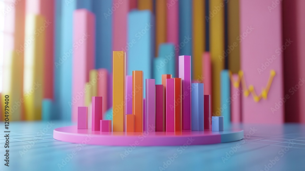A colorful 3D bar graph stands on a circular base, surrounded by vibrant vertical columns, creating a lively and modern data visualization aesthetic.