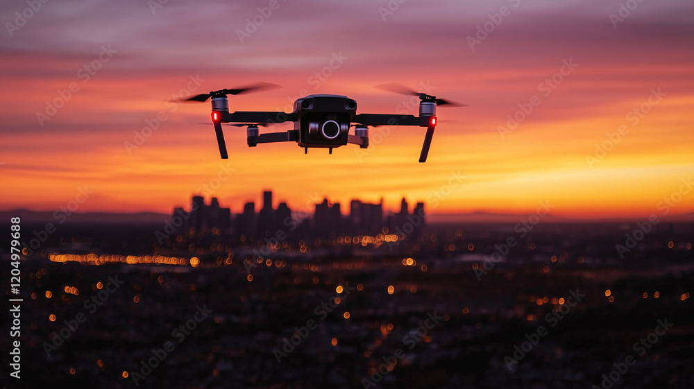 Drone Helicopter Soaring Above Glowing Urban Skyline at Dramatic Sunset
Drone Helicopter Soaring Above Glowing Urban Skyline at Dramatic Sunset