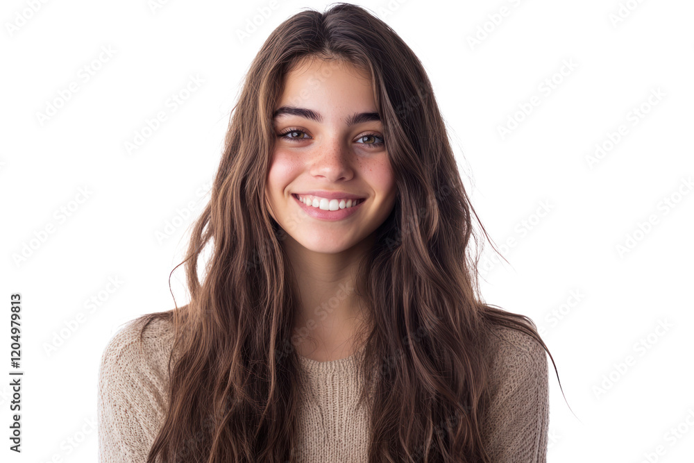 Cheerful young woman with long hair, wearing a casual outfit, smiling warmly while looking at the camera. Cheerful young woman with long hair, wearing a casual outfit, smiling warmly while looking at the camera.