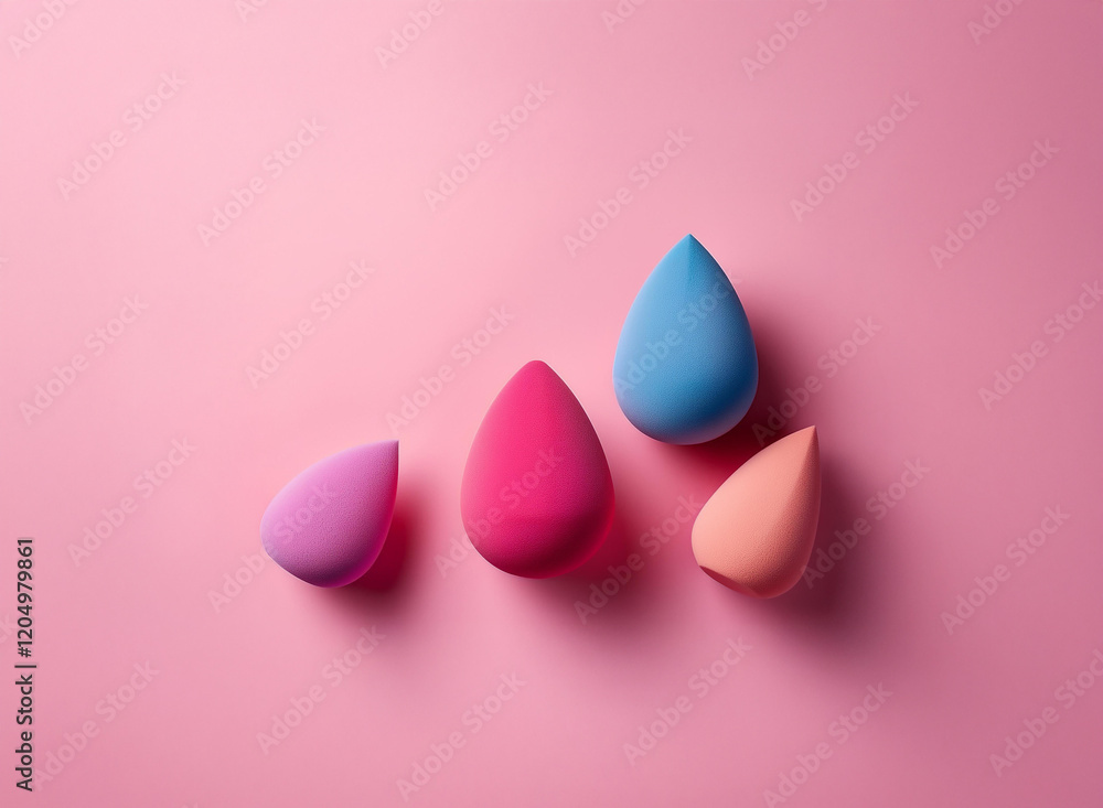 Four colorful teardrop-shaped makeup sponges rest on a pink background. They vary in size and shade, creating a vibrant display. Four colorful teardrop-shaped makeup sponges rest on a pink background. They vary in size and shade, creating a vibrant display.