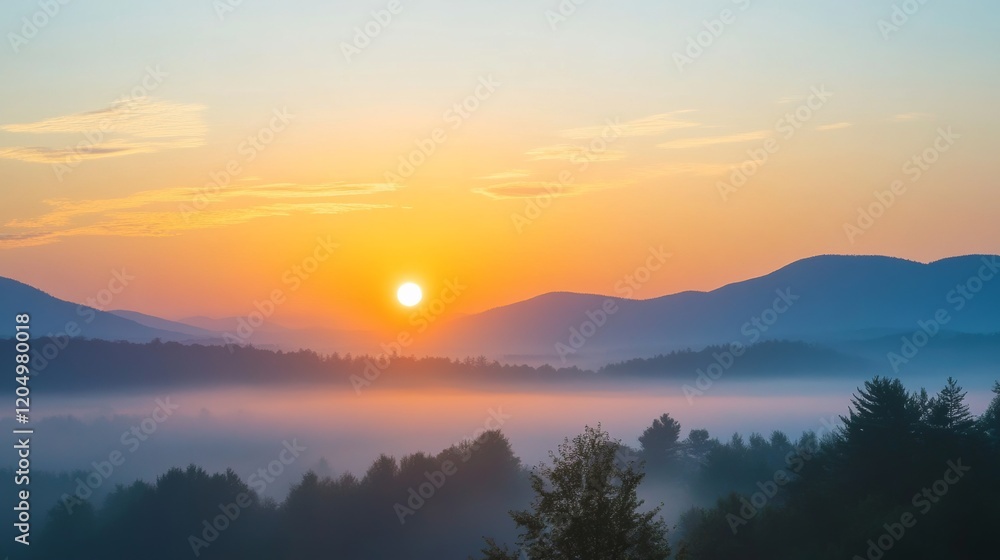 A serene sunrise over a misty mountain range, Sunrise scene, Tranquil style A serene sunrise over a misty mountain range, Sunrise scene, Tranquil style