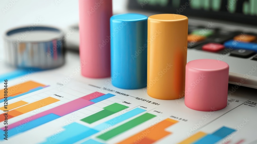 Colorful bar graphs and cylindrical figures on a financial report, symbolizing data analysis and business performance metrics. Colorful bar graphs and cylindrical figures on a financial report, symbolizing data analysis and business performance metrics.