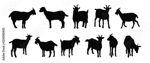 goat and goat kid silhouette set. goat and goat kid isolated farm animal silhouette icon vector collection