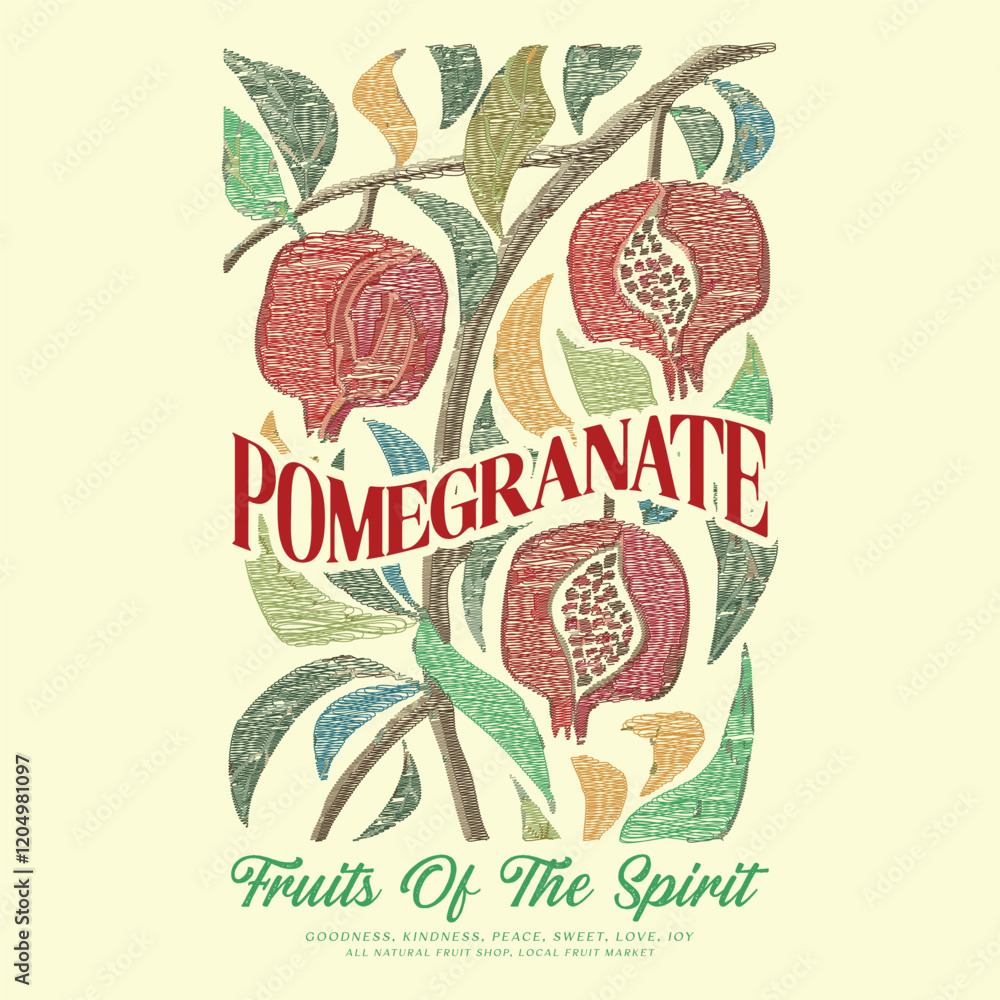 Fototapeta premium Summer food poster design. Fresh pomegranate fruit print. food fashion for t-shirt, sweatshirt print design, women's graphic tee , vintage retro fruit design, summer fruity vintage t shirt design