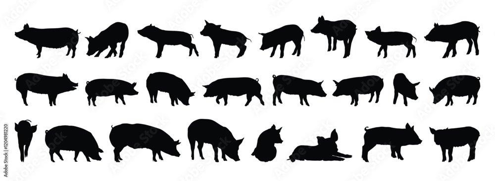Naklejka premium pig and piglet silhouette set. pig and piglet isolated farm animal silhouette icon vector collection