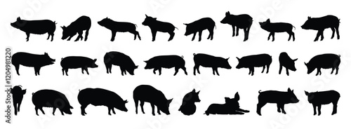 pig and piglet silhouette set. pig and piglet isolated farm animal silhouette icon vector collection