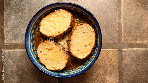 homemade peasant-style French onion soup topped with stale French bread and melted grated Gruyere cheese 