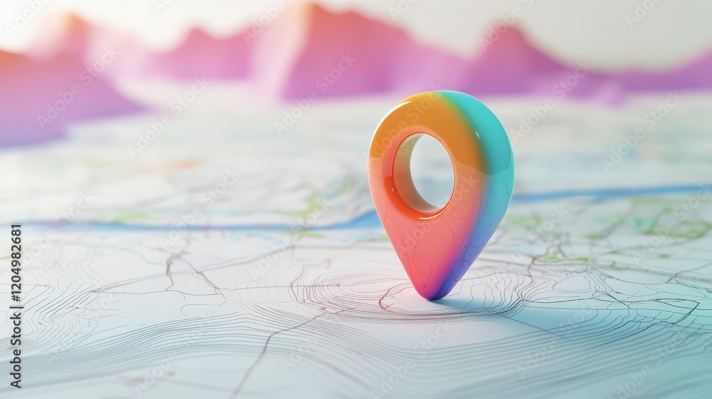 Colorful Location Pin on Topographic Map with Soft Gradient Background