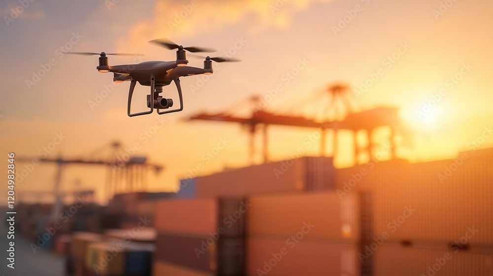Drone monitoring containers at a shipping port, hightech security for global freight, advanced logistics innovation Drone monitoring containers at a shipping port, hightech security for global freight, advanced logistics innovation