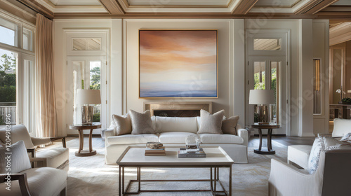 Coastal Dreams in a Modern Living Room: An elegant and airy living room showcases a contemporary design aesthetic, anchored by a large abstract painting depicting a serene coastal scene. photo