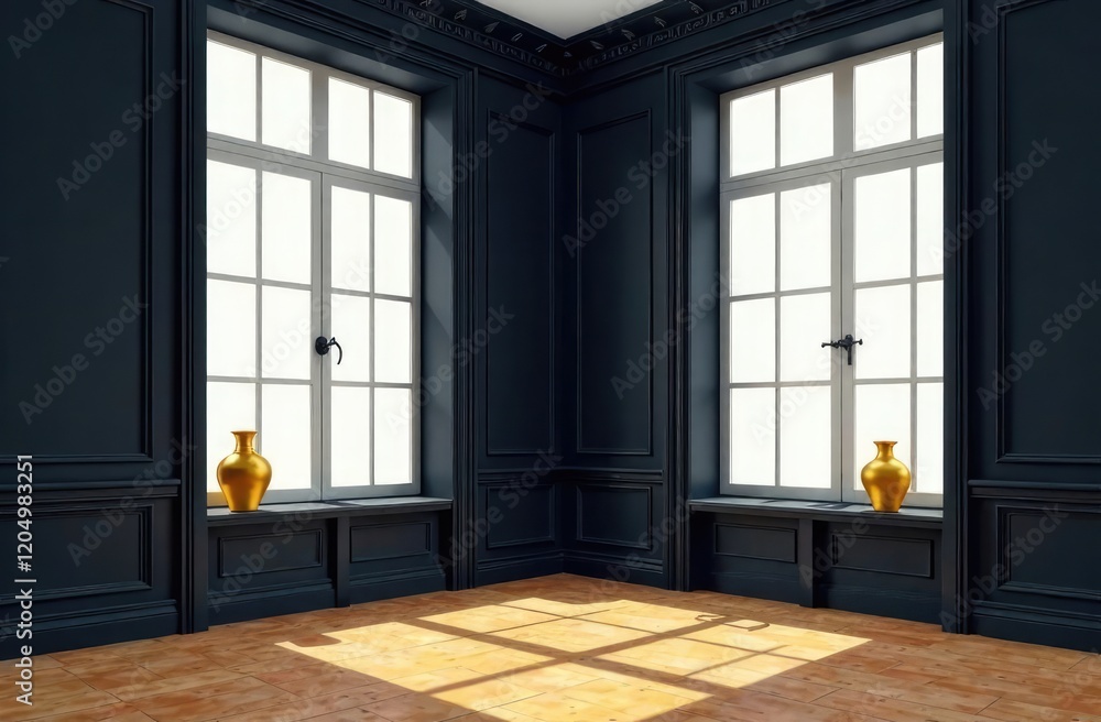 Fototapeta premium illustration of big black room interior corner with big french windows, golden vases on sill and hardwood floor. Classical living room with molding, wall paneling.