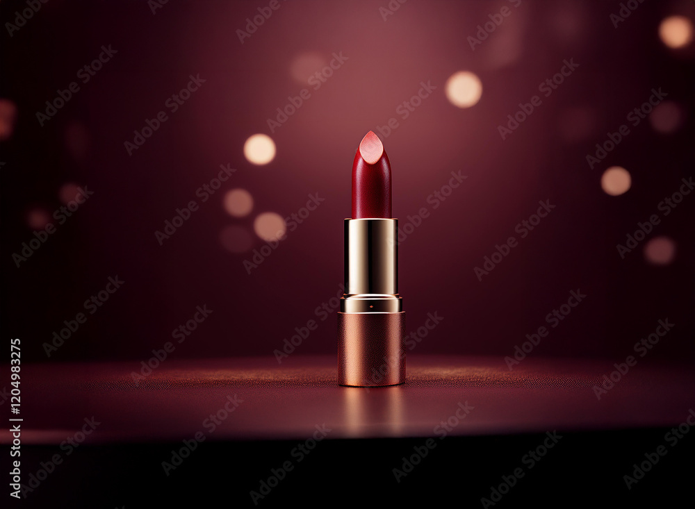 A single tube of dark red lipstick stands on a reflective surface, illuminated by soft, warm bokeh lights against a deep burgundy background. The rich color and elegant presentation evoke a sense of A single tube of dark red lipstick stands on a reflective surface, illuminated by soft, warm bokeh lights against a deep burgundy background. The rich color and elegant presentation evoke a sense of