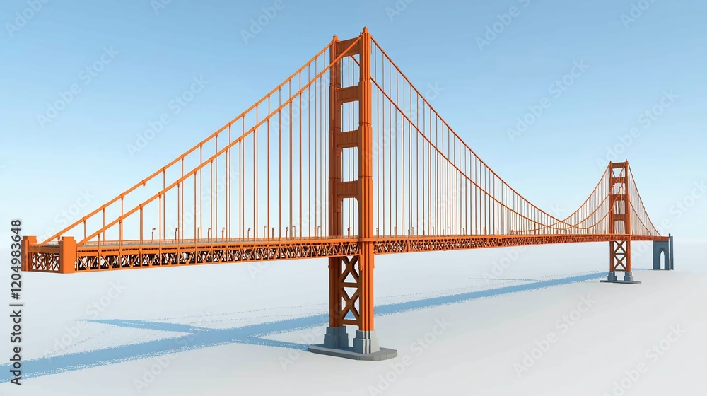 Fototapeta premium Orange suspension bridge, architectural model, isolated.