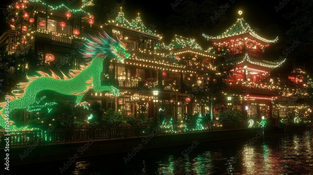 Fototapeta premium Illuminated Dragon and Festive Asian Buildings at Night