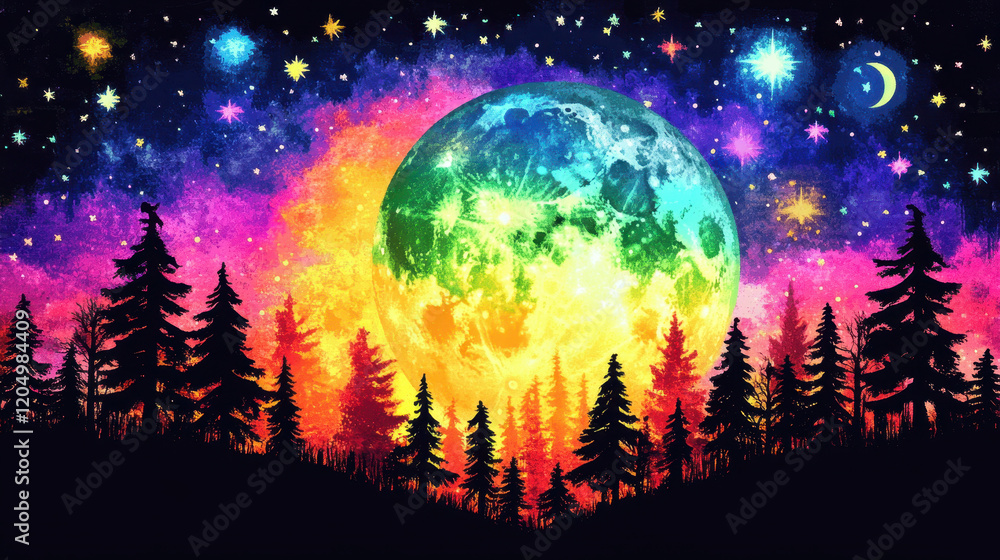 Naklejka premium Rainbow Moon Forest: A vibrant, surreal artwork depicting a rainbow moon rising over a silhouette of a pine forest against a backdrop of a colorful, starry night sky. 