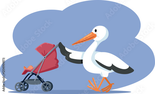 Happy Stork pushing a Stroller Vector Cartoon Design. Pregnancy or baby shower announcement vector illustration
