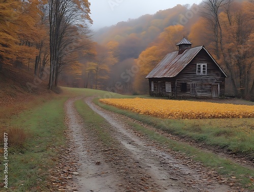 Rustic cabin in autumnal landscape.