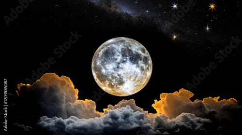 Celestial Majesty: A full moon, radiant and luminous, hangs serenely in the velvet night sky, bathed in the glow of distant stars. Wispy clouds drift gracefully around its ethereal form. photo