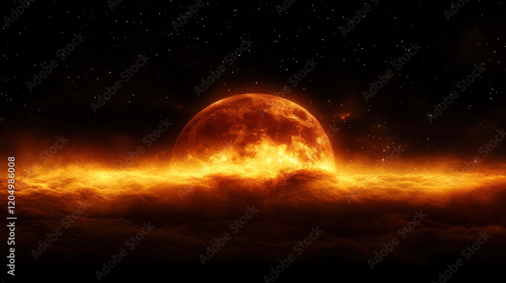 Fiery Celestial Body: An otherworldly spectacle unfolds as a blazing celestial body, enveloped in flames, pierces through a tumultuous sea of clouds. Fiery Celestial Body: An otherworldly spectacle unfolds as a blazing celestial body, enveloped in flames, pierces through a tumultuous sea of clouds.