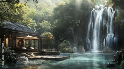 Serene Waterfall Retreat: A Luxurious Asian-Inspired House Nestled Beside a Majestic Waterfall