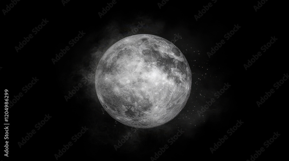 Fototapeta premium Full Moon in Night Sky: A captivating full moon, radiant and luminous, dominates the night sky, surrounded by subtle cosmic dust and distant stars.