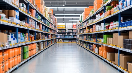 Wide Aisle in Modern Grocery Store with Neatly Arranged Shelves Full of Various Products and Packages