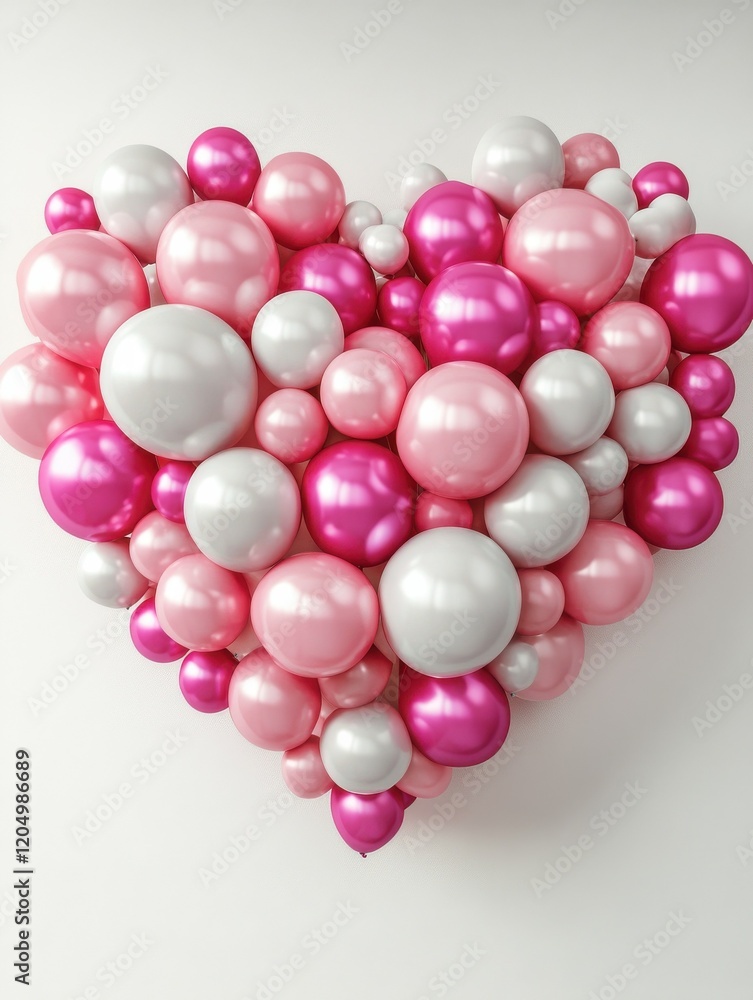 Fototapeta premium Multicolored Balloon Love Heart. Pink, White and Metallic Balloons arranged in a heart shape. 3D Render.