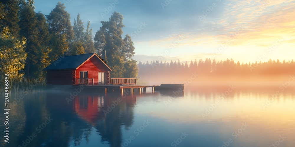 Fototapeta premium Charming Waterfront Cabin with a Private Dock Perfect for Relaxation and Nature Lovers