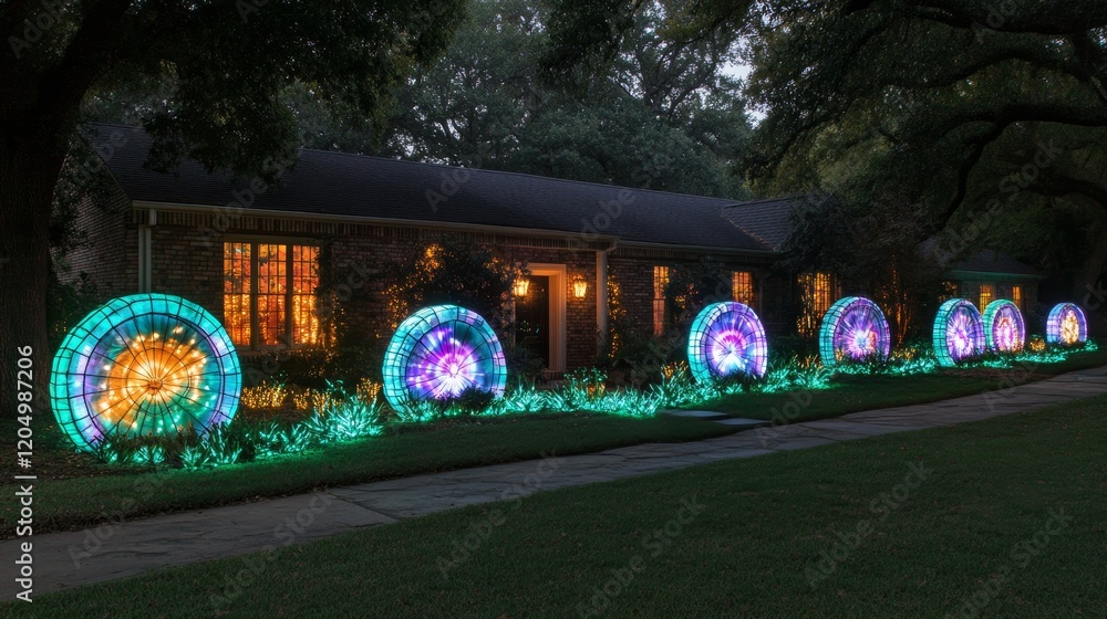 Fototapeta premium Illuminated Festive Wheels Adorn Suburban Home