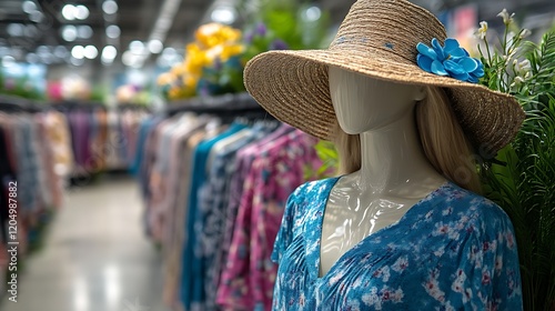 Mannequin displays summer dress and straw hat photo