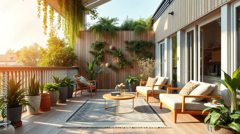 Fototapeta premium Luxury outdoor patio with wooden furniture, chairs, table, and garden view