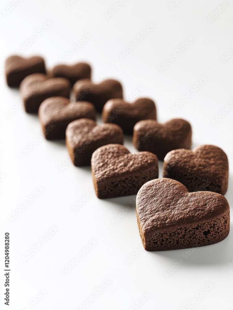 Fototapeta premium Row of heart shaped chocolate cookies, heart, chocolate, cookies, baked, delicious, sweet, dessert, row, arrangement