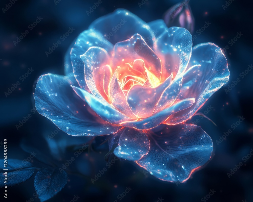 Obraz premium Delicate holographic rose with luminous petals on a dark blue background