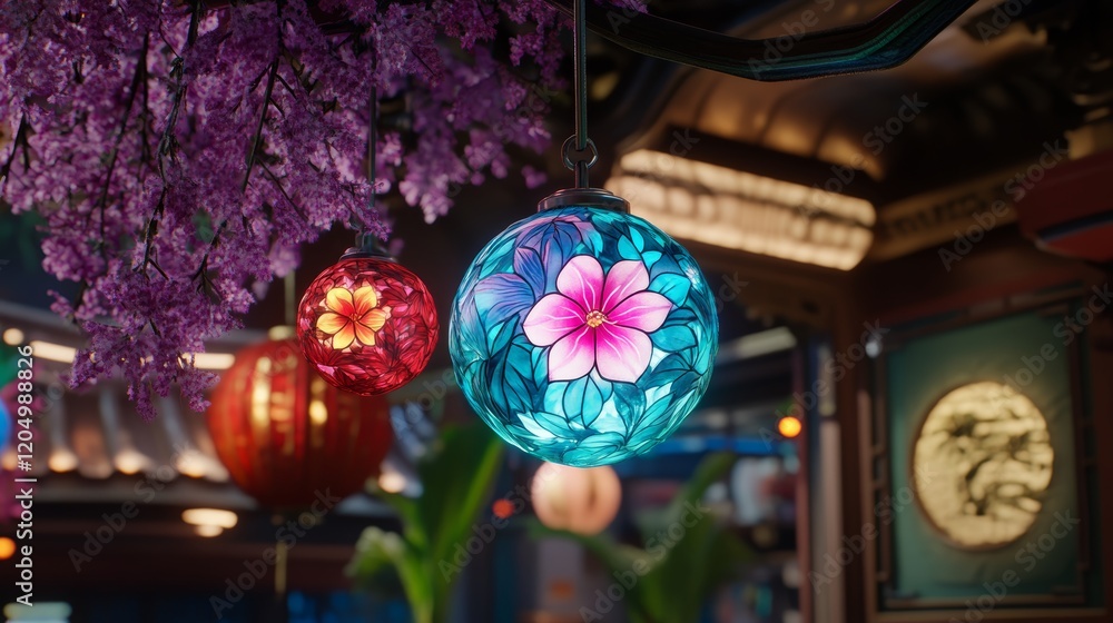 Fototapeta premium Illuminated Floral Glass Globes Hanging Amidst Cherry Blossoms