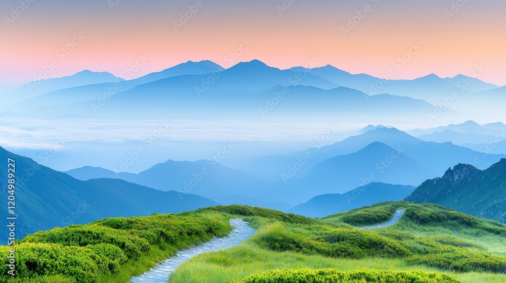 Obraz premium Majestic mountain peaks at dusk panoramic landscape soft light illuminating valleys serene environment