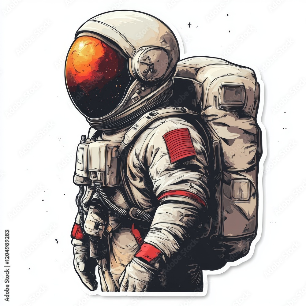 Astronaut in Space Suit with Fiery Helmet Reflection a Bold and Graphic Exploration of Outer Space and the Human Endeavor