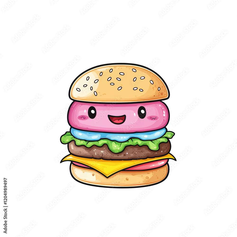 Cute Kawaii Burger Character with Pastel Colors Design Cute Kawaii Burger Character with Pastel Colors Design