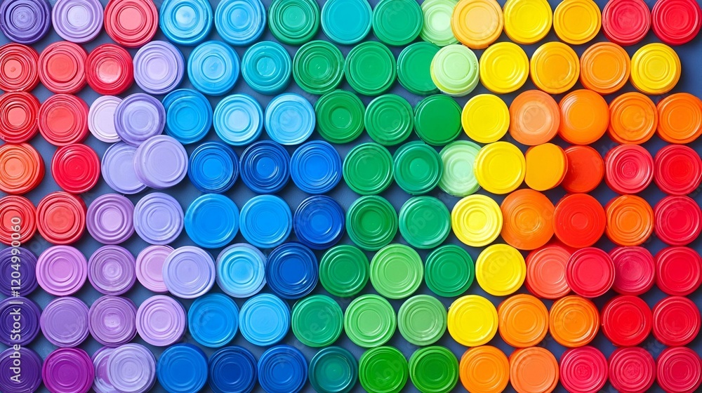 Vibrant Mosaic Art from Recycled Caps, A stunning display of creativity and sustainability using colorful plastic bottle caps, transforming waste into beauty. Vibrant Mosaic Art from Recycled Caps, A stunning display of creativity and sustainability using colorful plastic bottle caps, transforming waste into beauty.