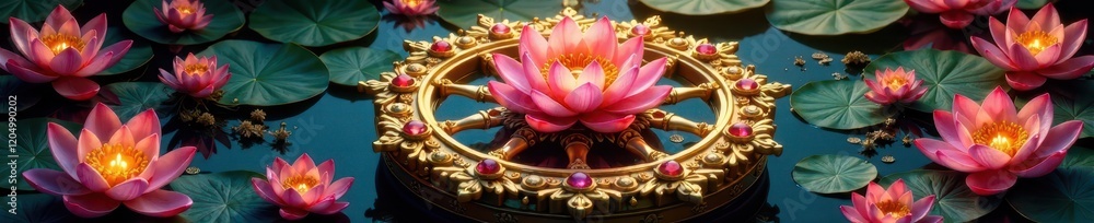 Obraz premium Ornate golden wheel with lotus flowers and precious stones, lotus, exotic, spiritual
