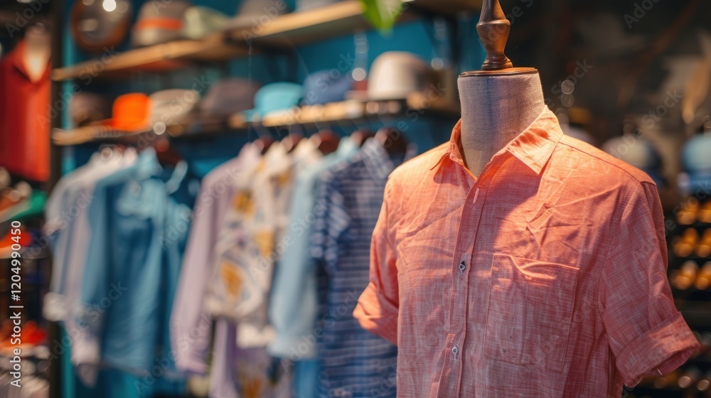 Fototapeta premium Trendy cotton men's shirts displayed on a mannequin in a clothing store, AI generated image