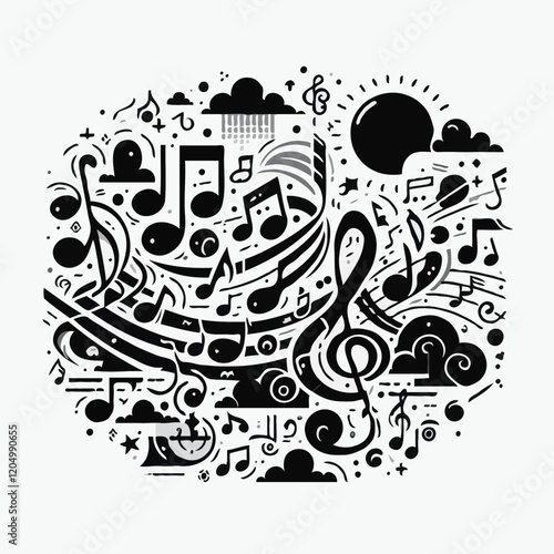 <Black and White Music Note Illustration: Abstract Pattern Design for Creative Musical Expression>