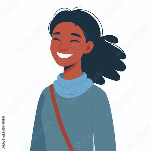Smiling Woman Illustration: Joyful, Modern Portrait with Casual Fashion & Positive Emotion in Vector Art