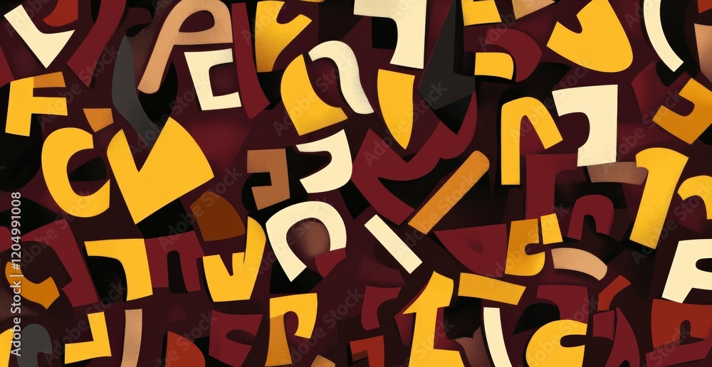Obraz premium Abstract Colorful Composition of Shapes and Letters on Dark Background