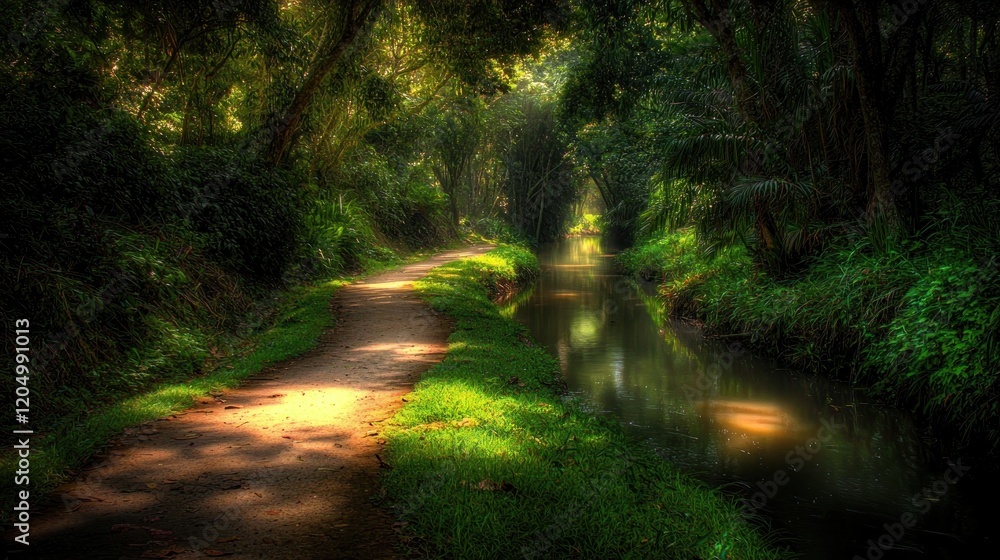Obraz premium Sunlit path beside tranquil stream, lush forest, tranquility
