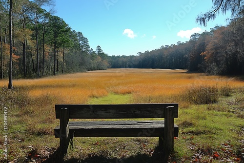 Serene park bench overlooking autumnal marsh.