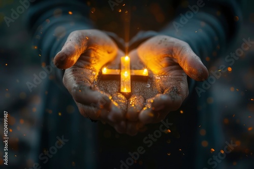 An image of hands holding a glowing holy Jesus Christ cross and the concept of a god helping people